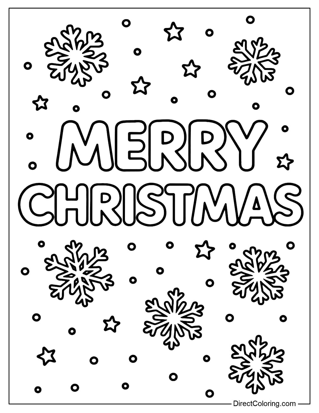 Merry Christmas coloring page, surrounded by snowflakes and small stars.