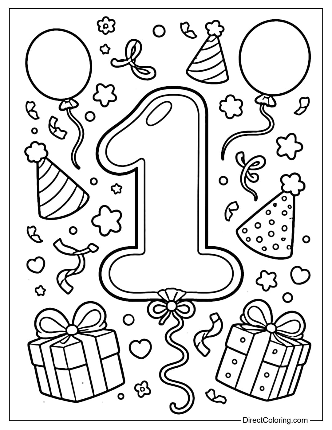 Coloring page of a large number 1 balloon with birthday details around it.