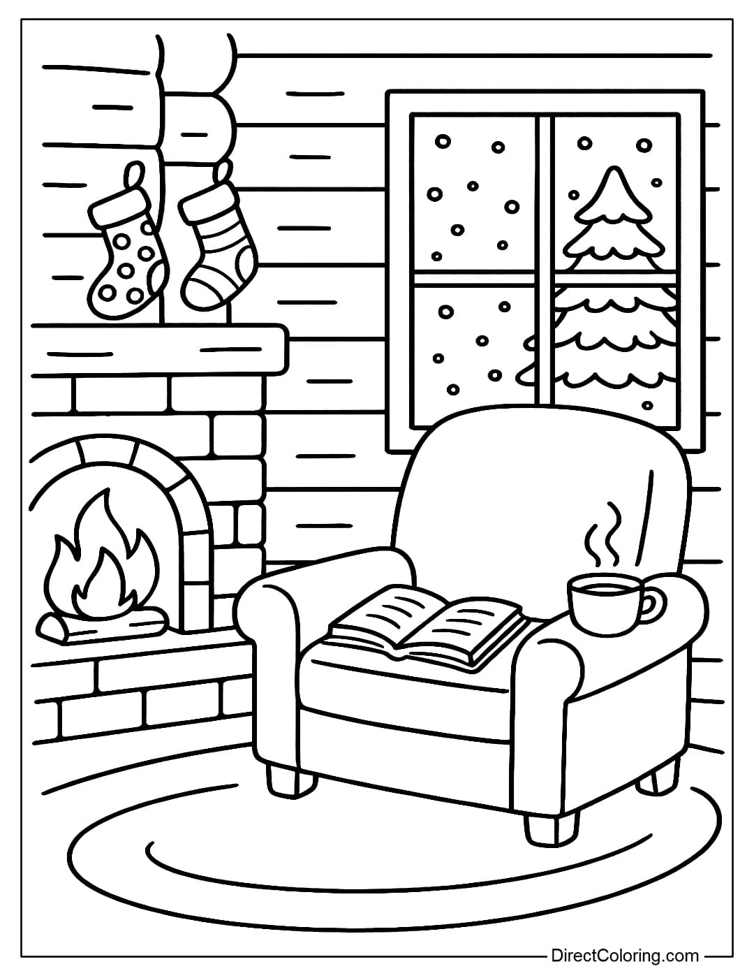 A small wooden house coloring page in the woods, with a big chair near the fireplace, an open book, a cup of hot tea, and woolen socks hanging for decoration.