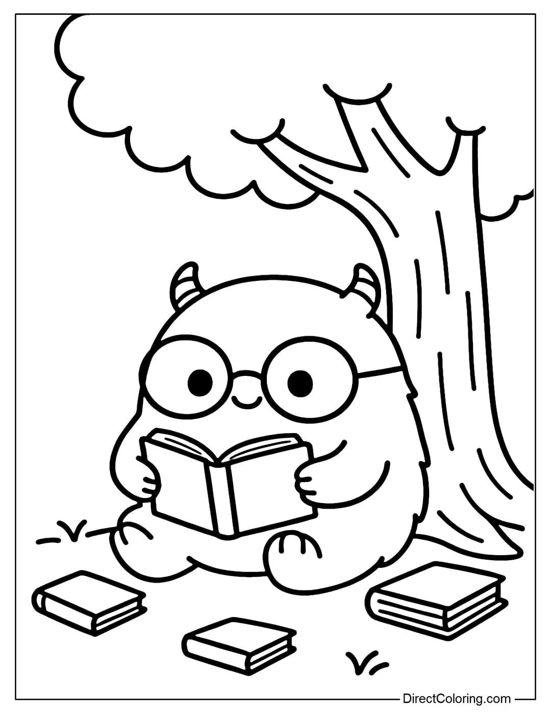 A cute monster coloring page is sitting under a tree reading a book, with big round glasses, surrounded by a few small books.