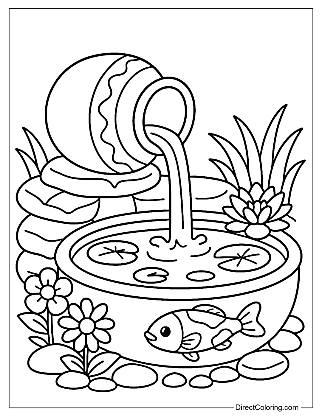 Coloring page of a water jar pouring into a small koi pond, with a few goldfish swimming around, lotus leaves and pebbles surrounding it