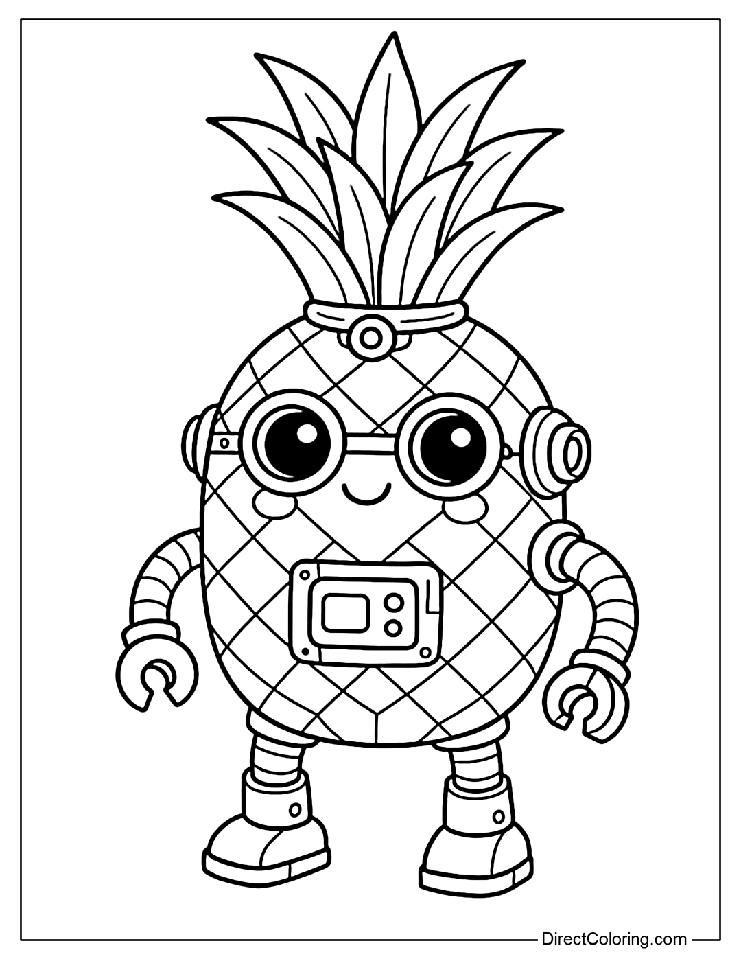 The pineapple coloring page is attached with mechanical details like a robot.