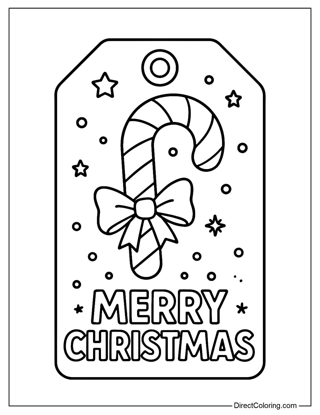 A coloring page with a Christmas gift tag with a candy cane and the words Merry Christmas.