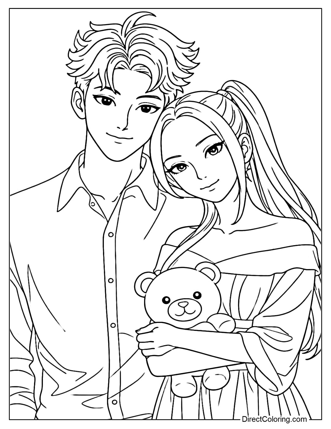 Kpop Demon Hunters coloring page: Mira and Abby stand side-by-side affectionately, Mira hugging a teddy bear and resting her head on Abby's shoulder.