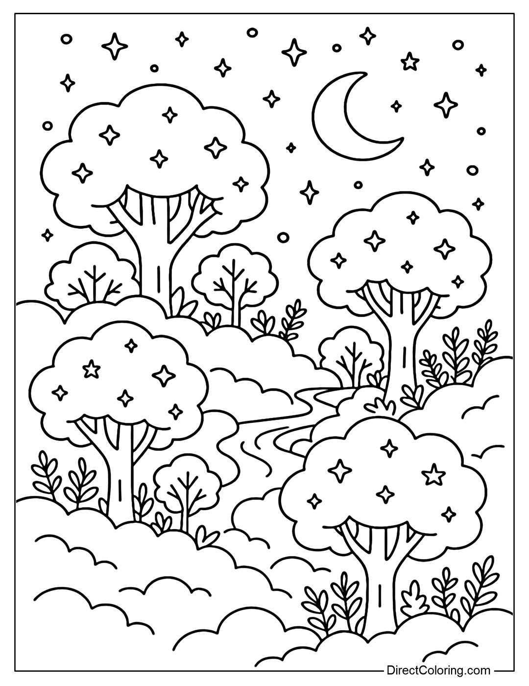 Coloring page of a forest on the clouds with a blue-purple glowing canopy, a starry sky.