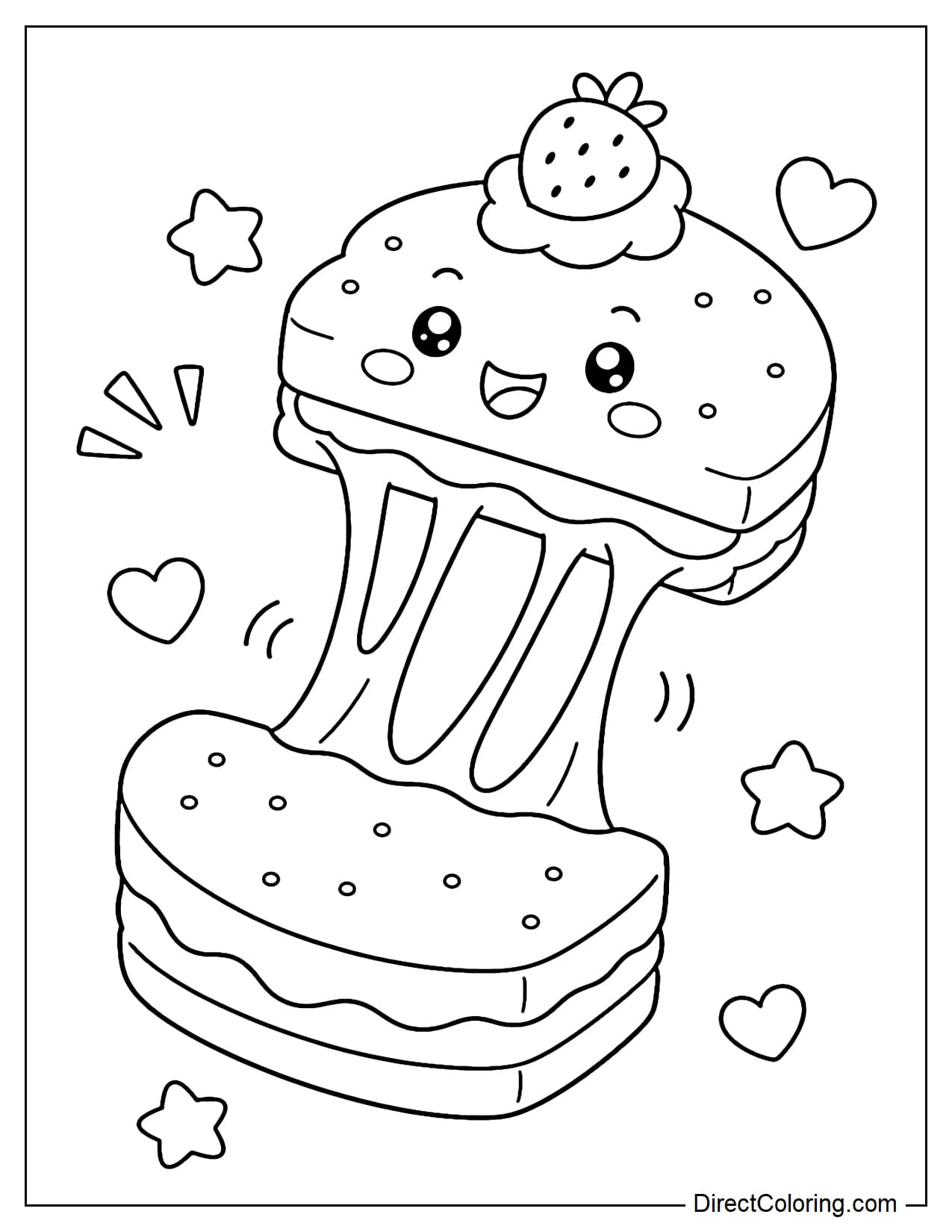 An ice cream sandwich being pulled apart, the ice cream in the middle stretching.