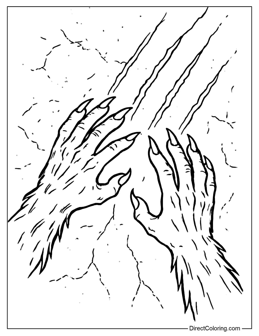 Close-up coloring page of werewolf hands with long claws, behind are scratches on the stone wall, dim light.