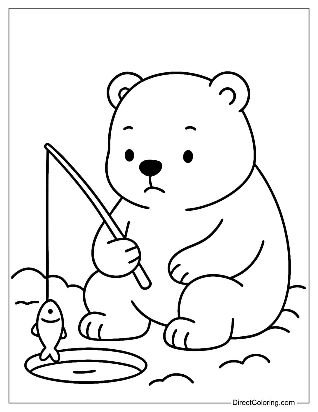Polar bear coloring page sitting by the ice hole fishing, expression focused but lovely.