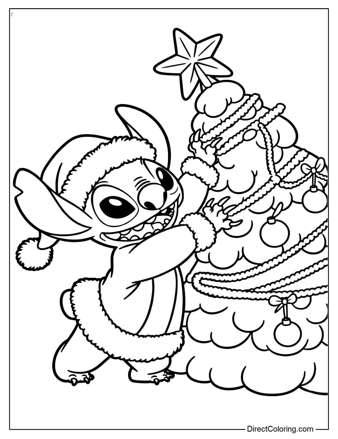 Coloring page Stitch wearing Santa's clothes is decorating the Christmas tree.