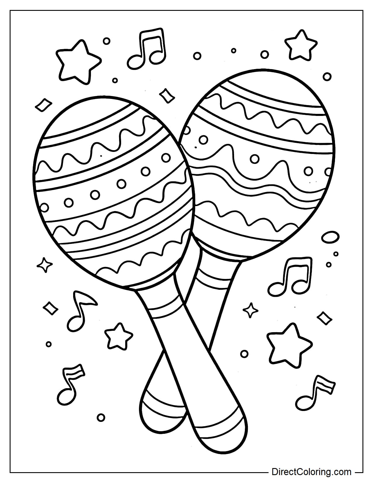 A pair of maracas decorated with wavy patterns and polka dots, surrounded by musical notes, stars, and flying confetti.