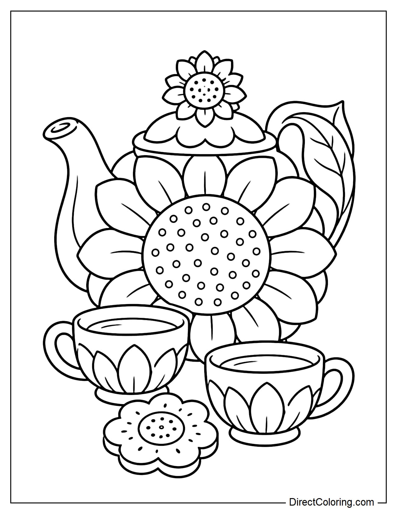 A large teapot with a round body shaped like a sunflower center, surrounded by big petals. It has a curved spout, a leaf-shaped handle, and a small flower on the lid. Two round teacups and a flower-shaped cookie sit in front.