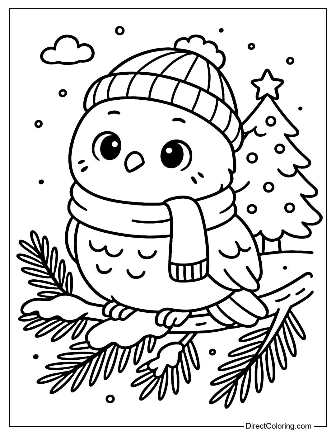 Coloring page of a snowy owl wearing a woolen hat and scarf, perched on a snow-covered pine branch, with a Christmas tree in the distance