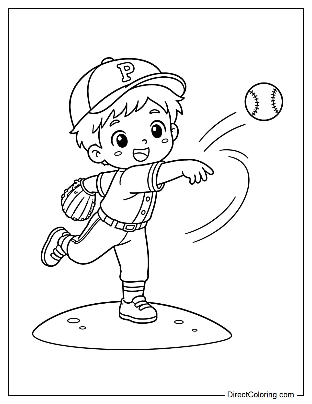 A cute little pitcher is throwing a baseball, surrounded by some movement lines.