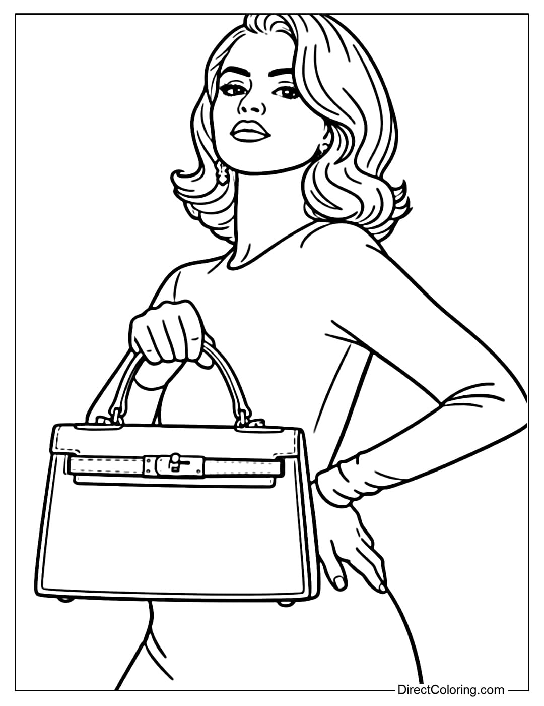 Selena Gomez in a luxurious fashion style, holding a handbag with a confident and captivating pose.