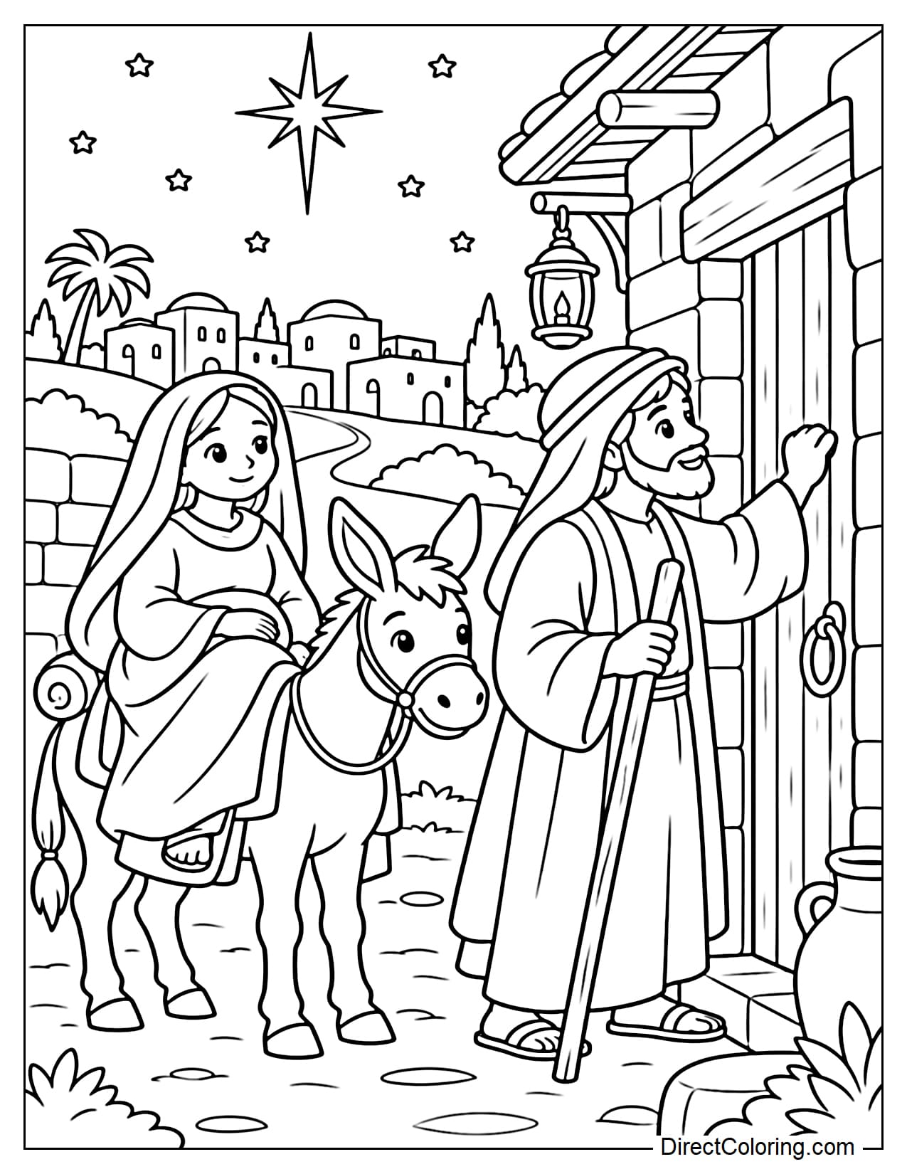 Joseph knocking on the door of a small inn in Bethlehem while Mary waits beside the donkey, with a few simple stone houses in the background.