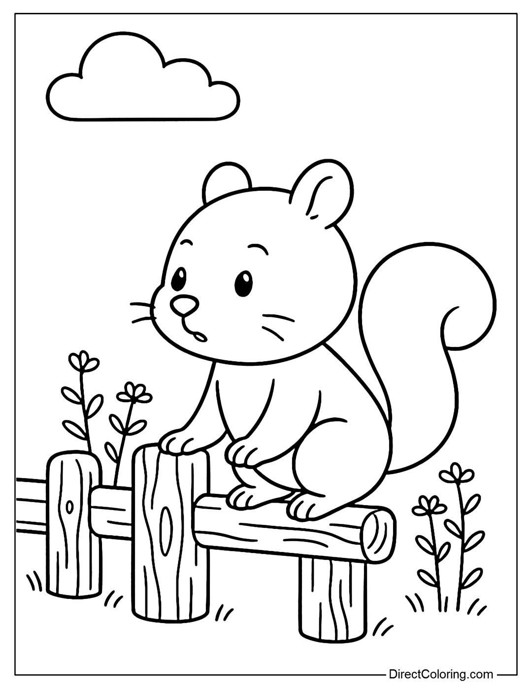 Coloring page of a squirrel standing on a wooden fence, looking into the distance with curious eyes, with a few small flowers