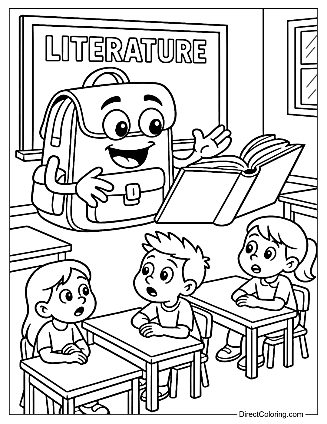A coloring page of a talking backpack telling adventure stories to students during literature class.