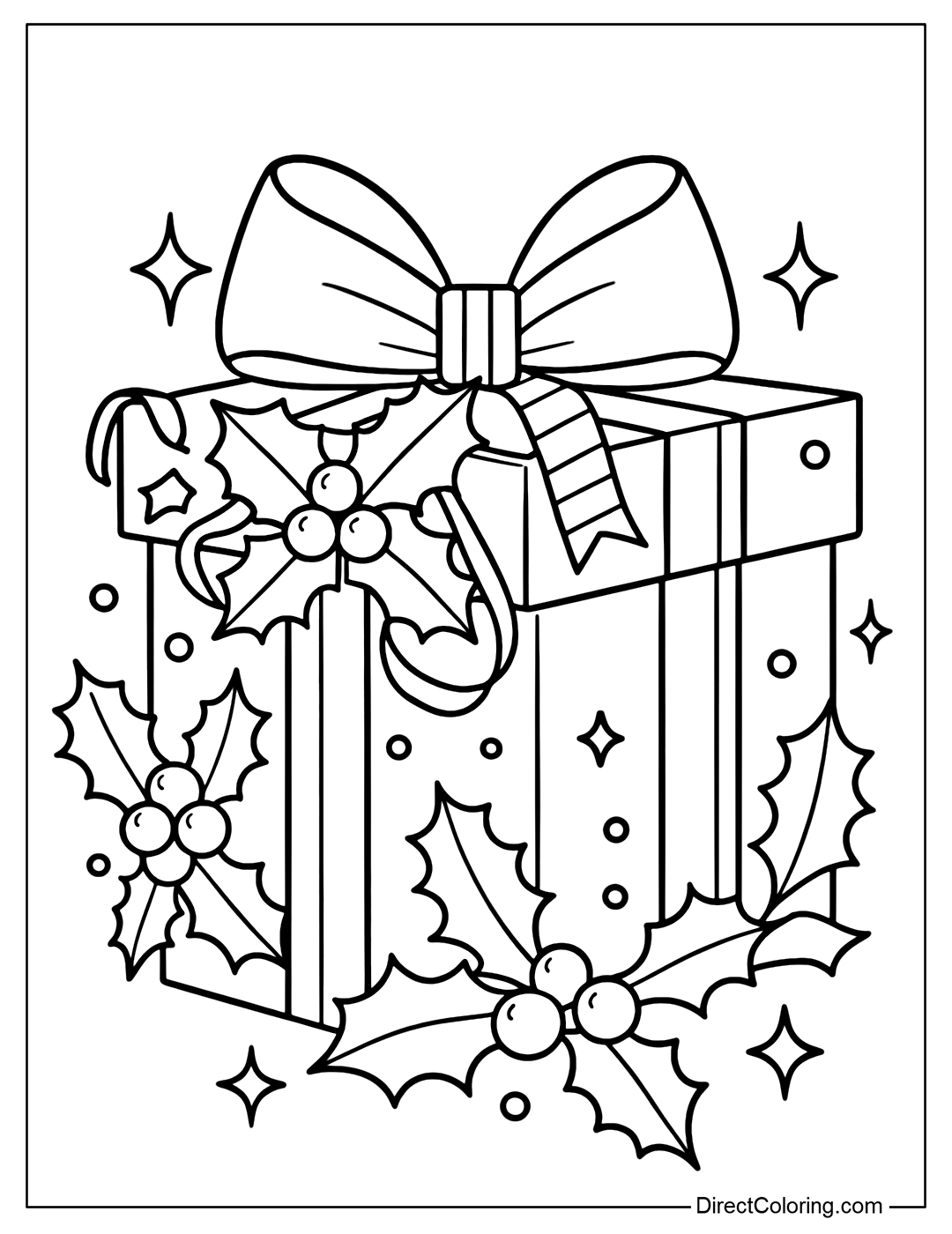A Christmas gift box coloring page with a large bow on the lid and many holly leaves and berries decorated around it.