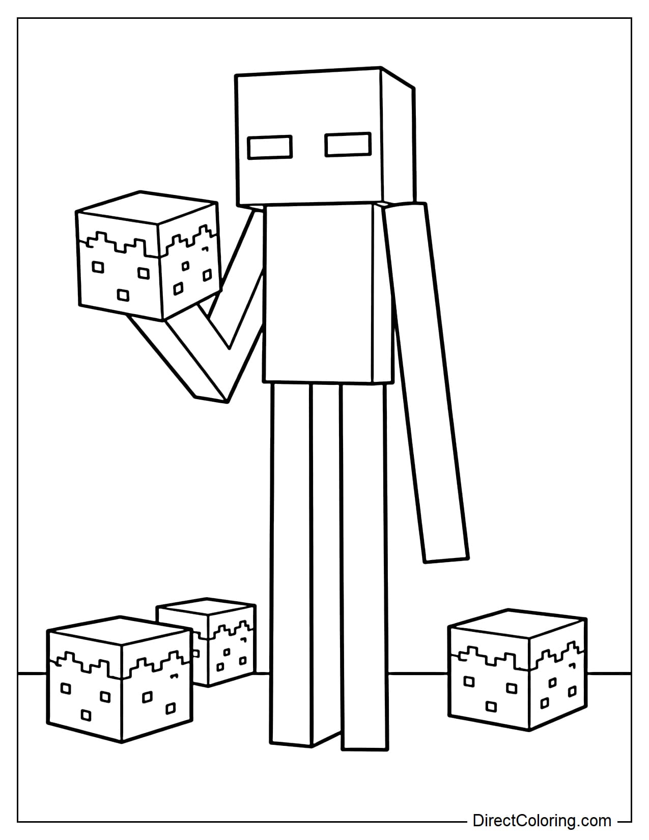 A tall, slender Enderman holds a grass block in its hands, with a few simple dirt blocks around it.
