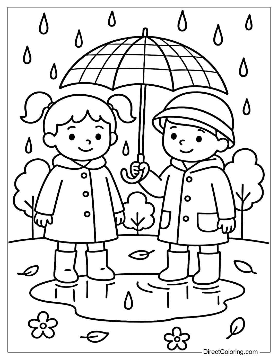 A coloring page of two little friends standing together under a big umbrella, laughing, with trees and a puddle in the background.