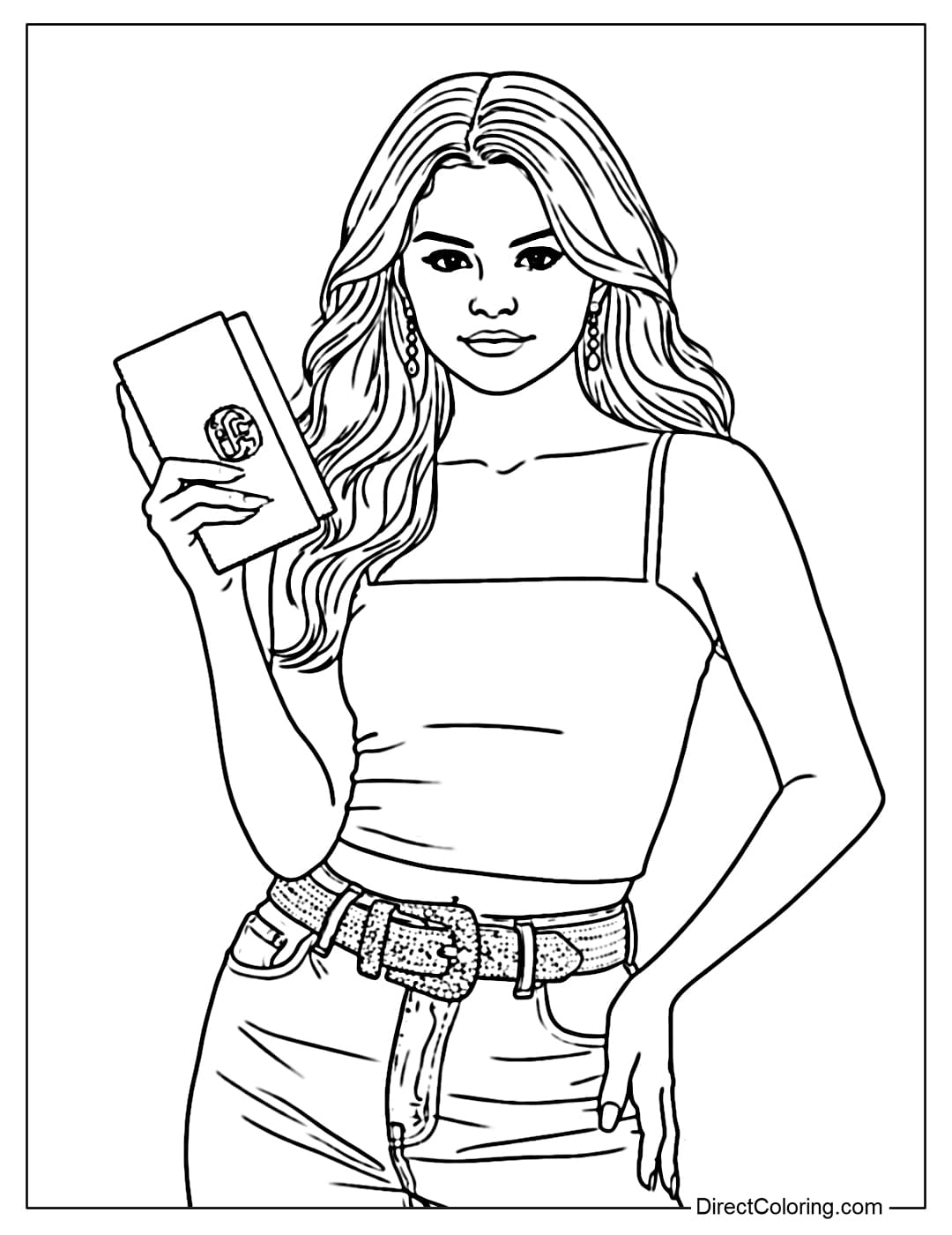 Selena Gomez in a modern, fashionable outfit, holding a handbag, exuding confidence and charm.