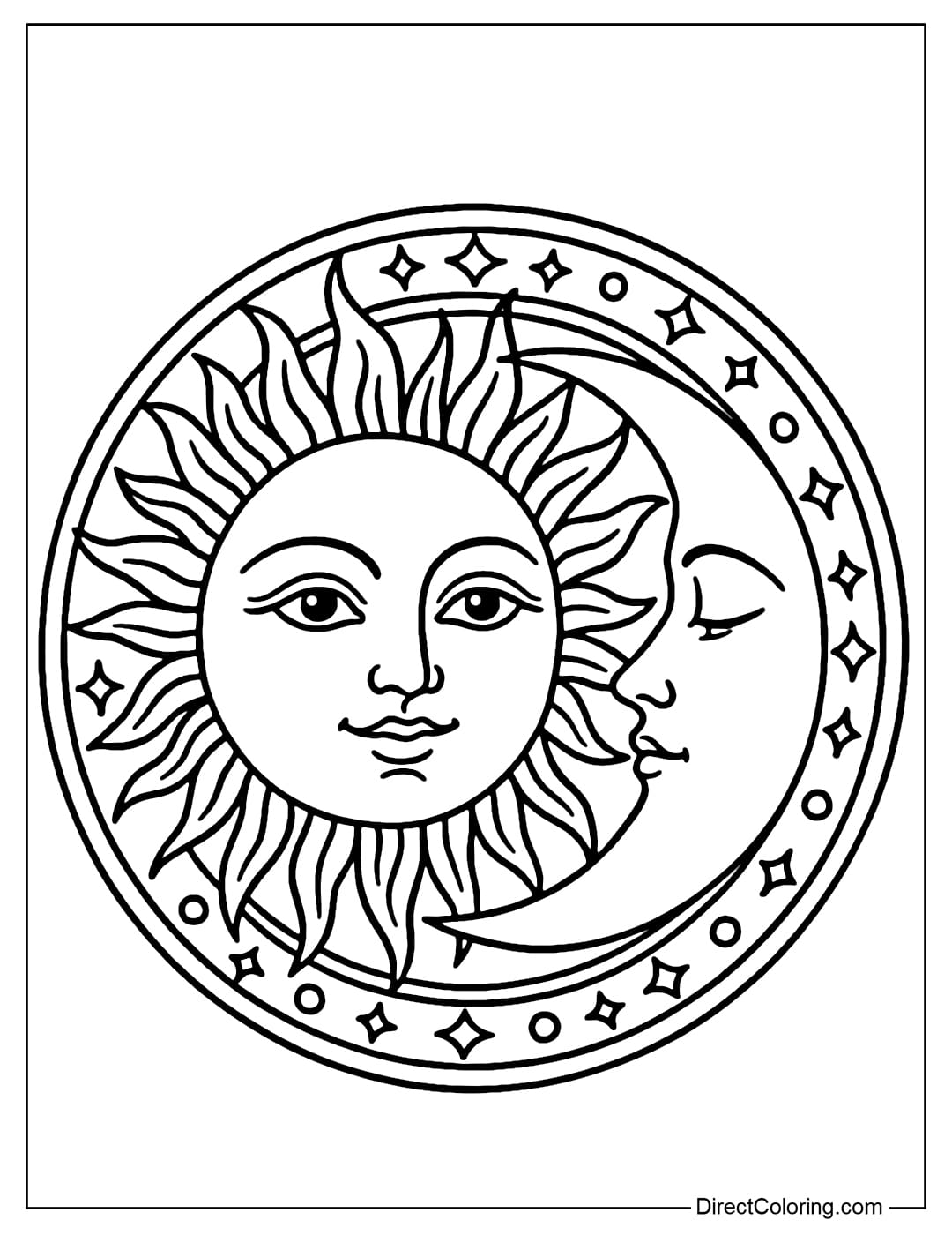 Coloring page of the sun and moon blending in a sacred circle.