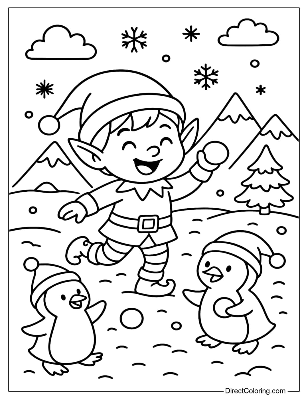 An elf coloring page playing with two penguins wearing Santa hats, throwing snowballs.