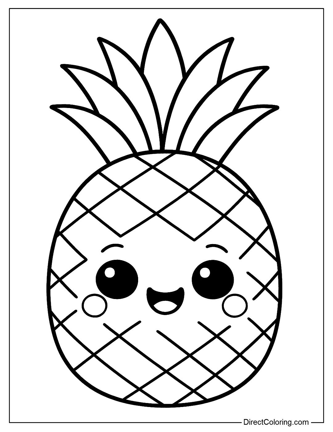 A smiling pineapple coloring page, with rosy cheeks and big round eyes.