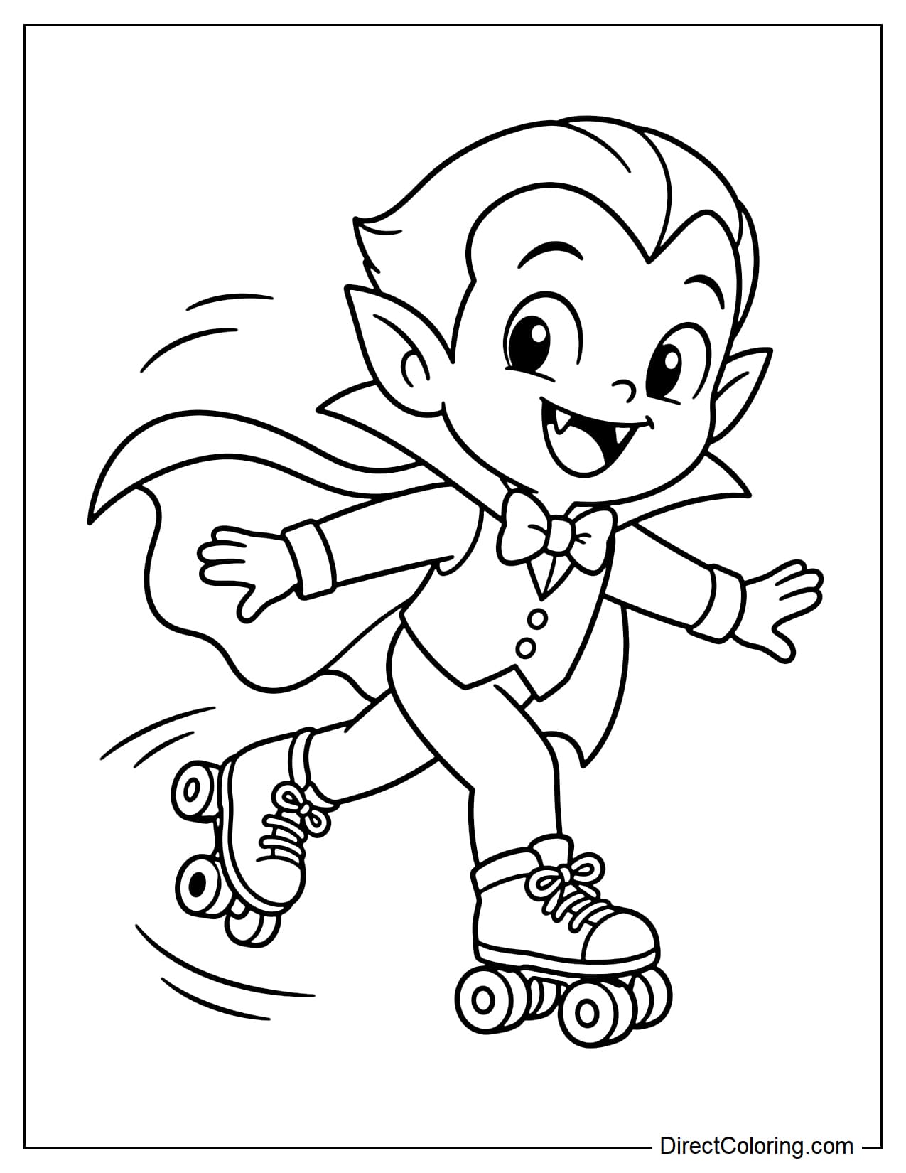 A small vampire is roller skating playfully, with his cape flowing gently behind him.