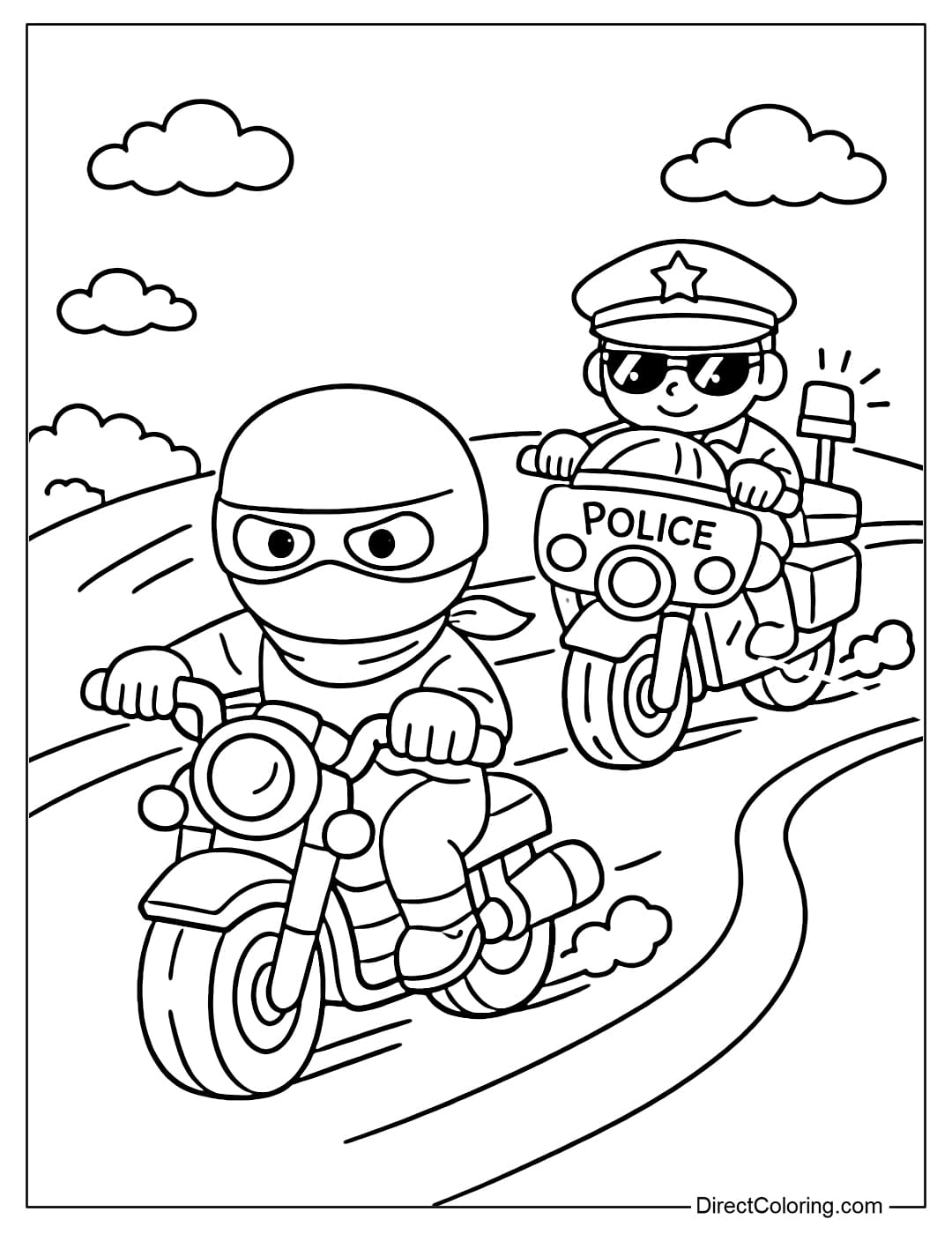 Coloring page of a police officer on a motorcycle chasing a criminal on a motorcycle.
