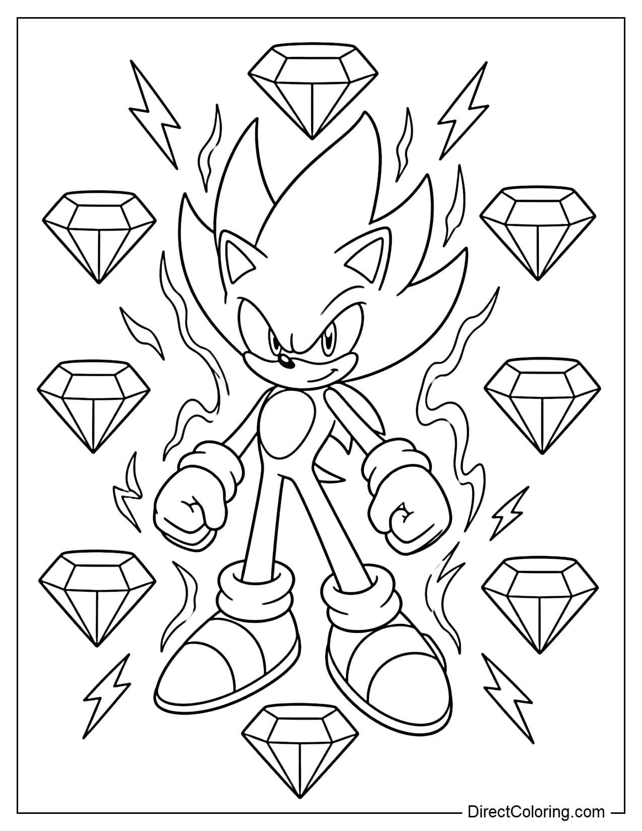 Super Sonic stands in a powerful pose, surrounded by several large Chaos Emeralds neatly arranged and some energy beams.