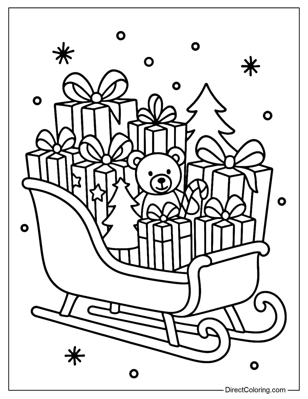 A simple sleigh coloring page filled with gift boxes of various sizes, tied with a big bow, and a small Christmas tree in the middle.