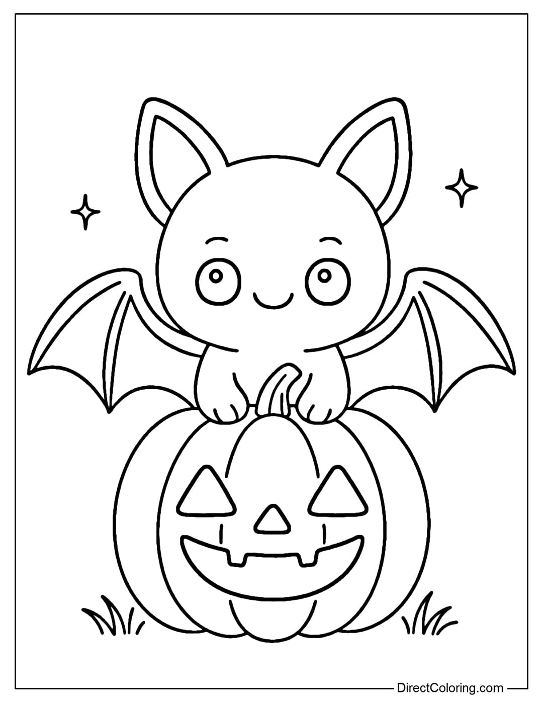 A coloring page of a bat perched on a Jack-o'-lantern pumpkin, its wings spread wide to embrace the pumpkin.