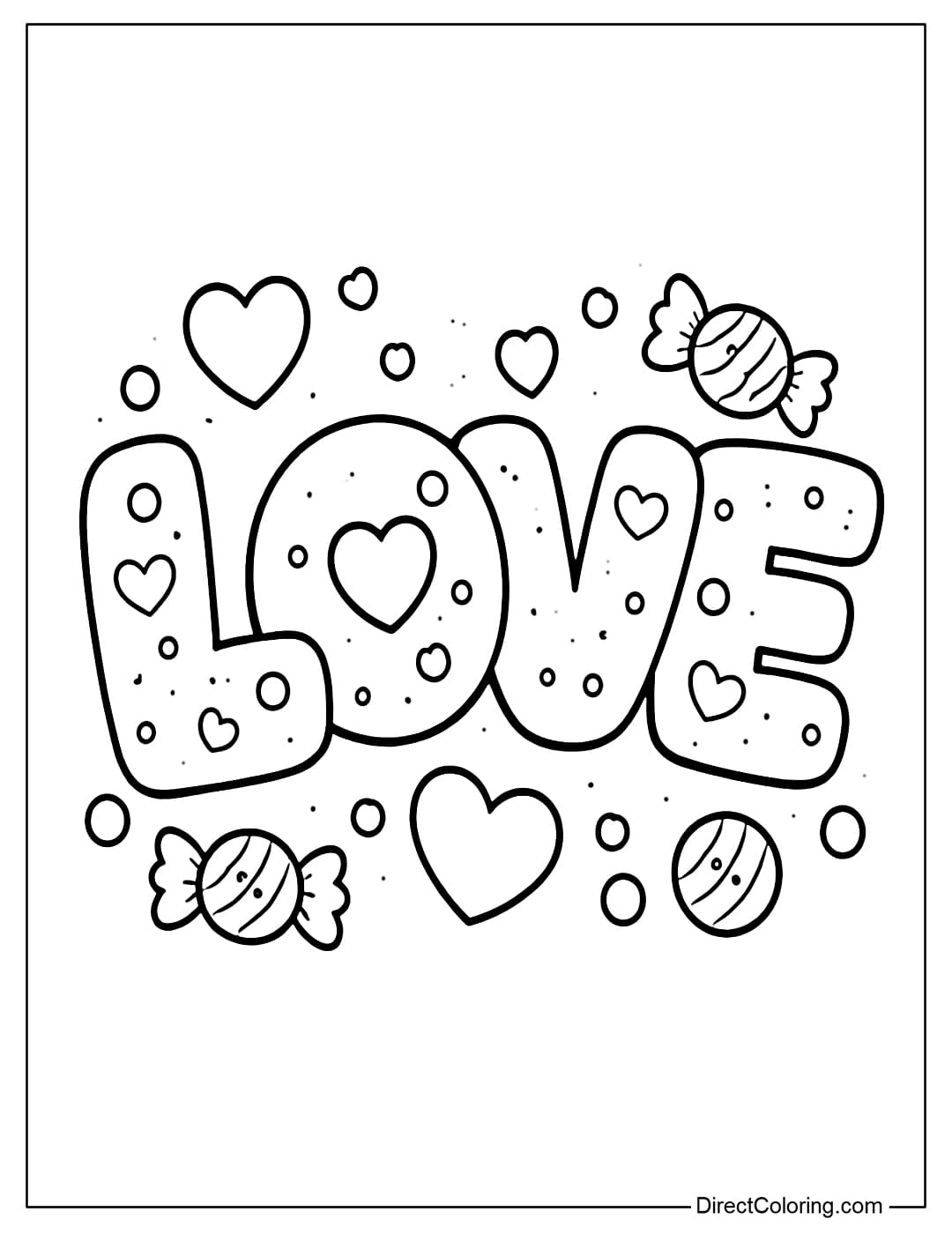 Coloring page for the word LOVE with small heart patterns inside, candy and dot decorations on the outside.