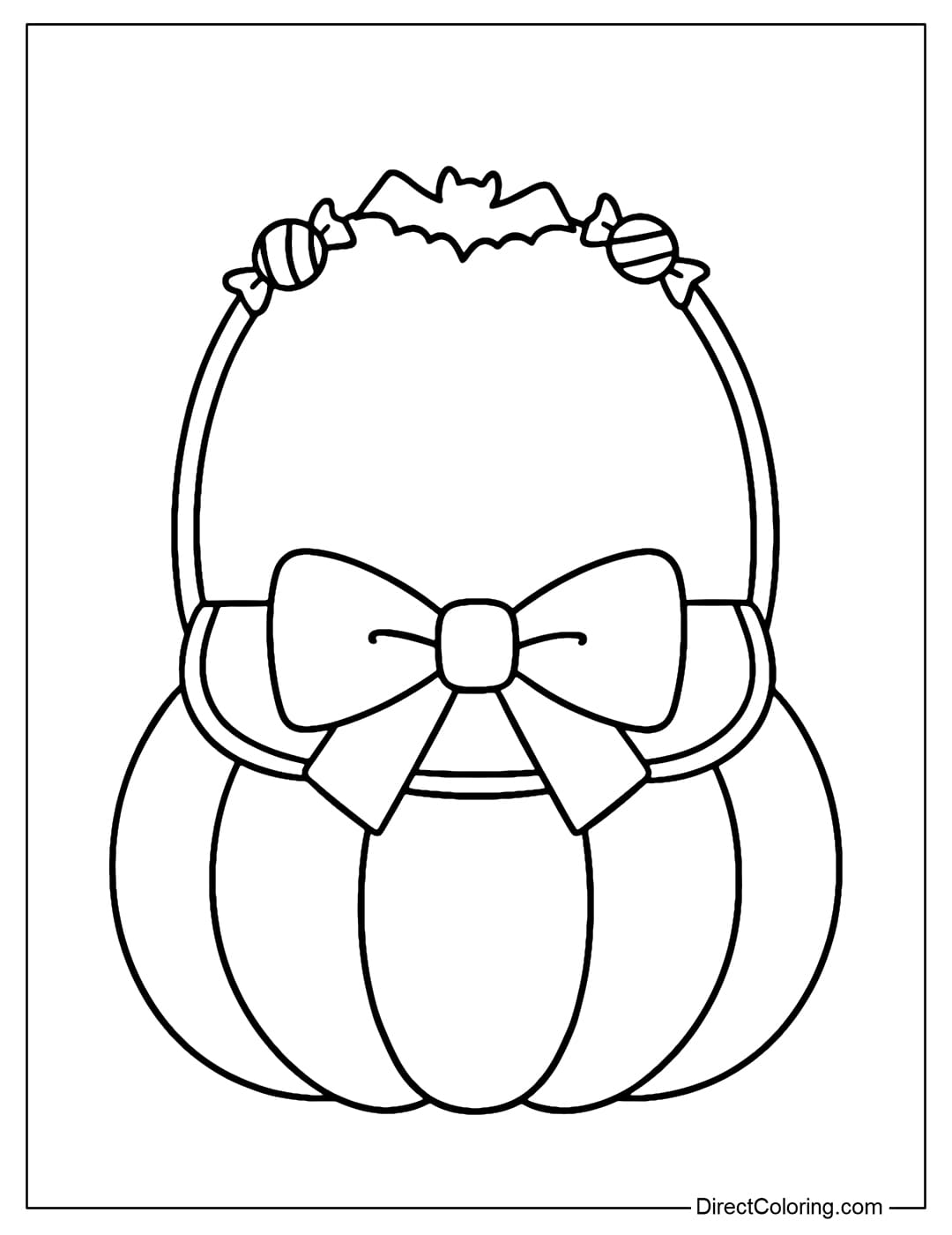 A cute pumpkin handbag coloring page with a bow-shaped flap and candy and small bat patterns on the handle.