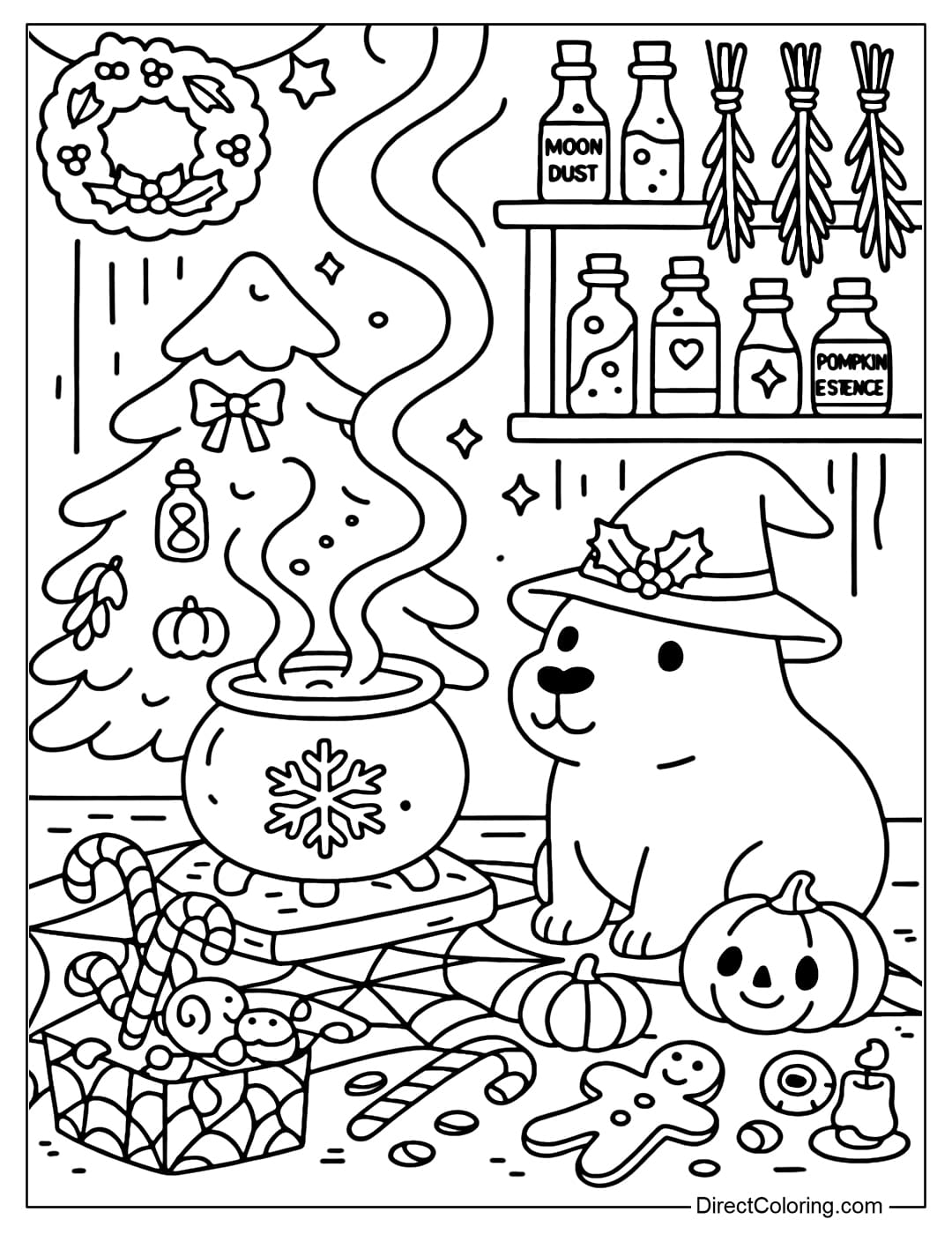 A cozy witch's kitchen coloring page on Spooky Christmas night, with a cute capybara wearing a witch's hat.