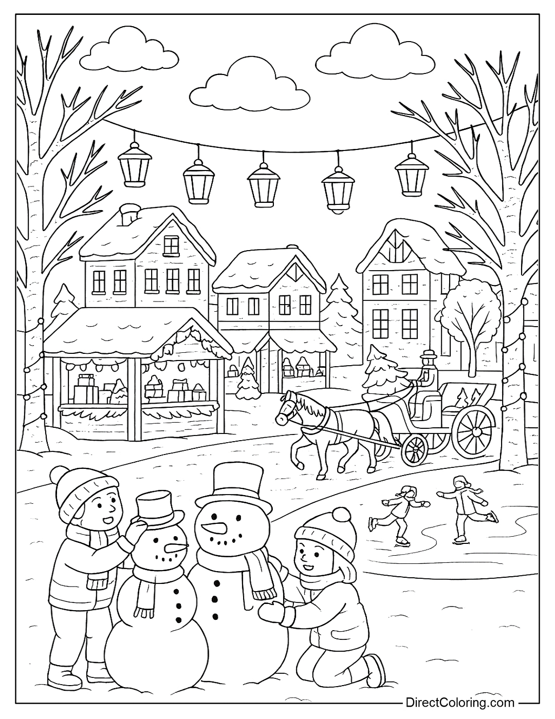 A winter city with snow-covered buildings and hanging lanterns coloring page