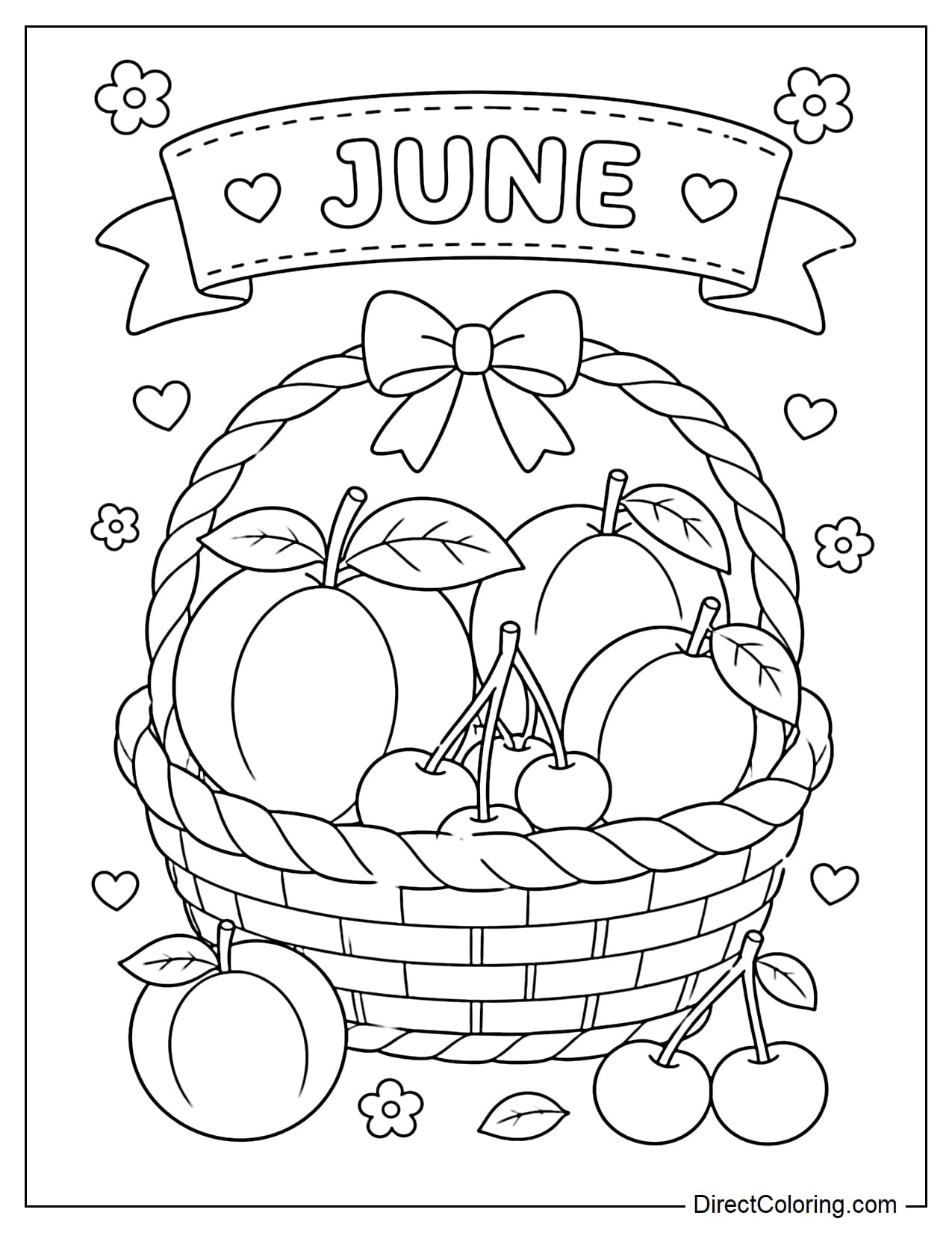 A June fruit basket with large fruits like peaches, plums, and cherries, simply drawn, with a neat composition and easy to color each part.