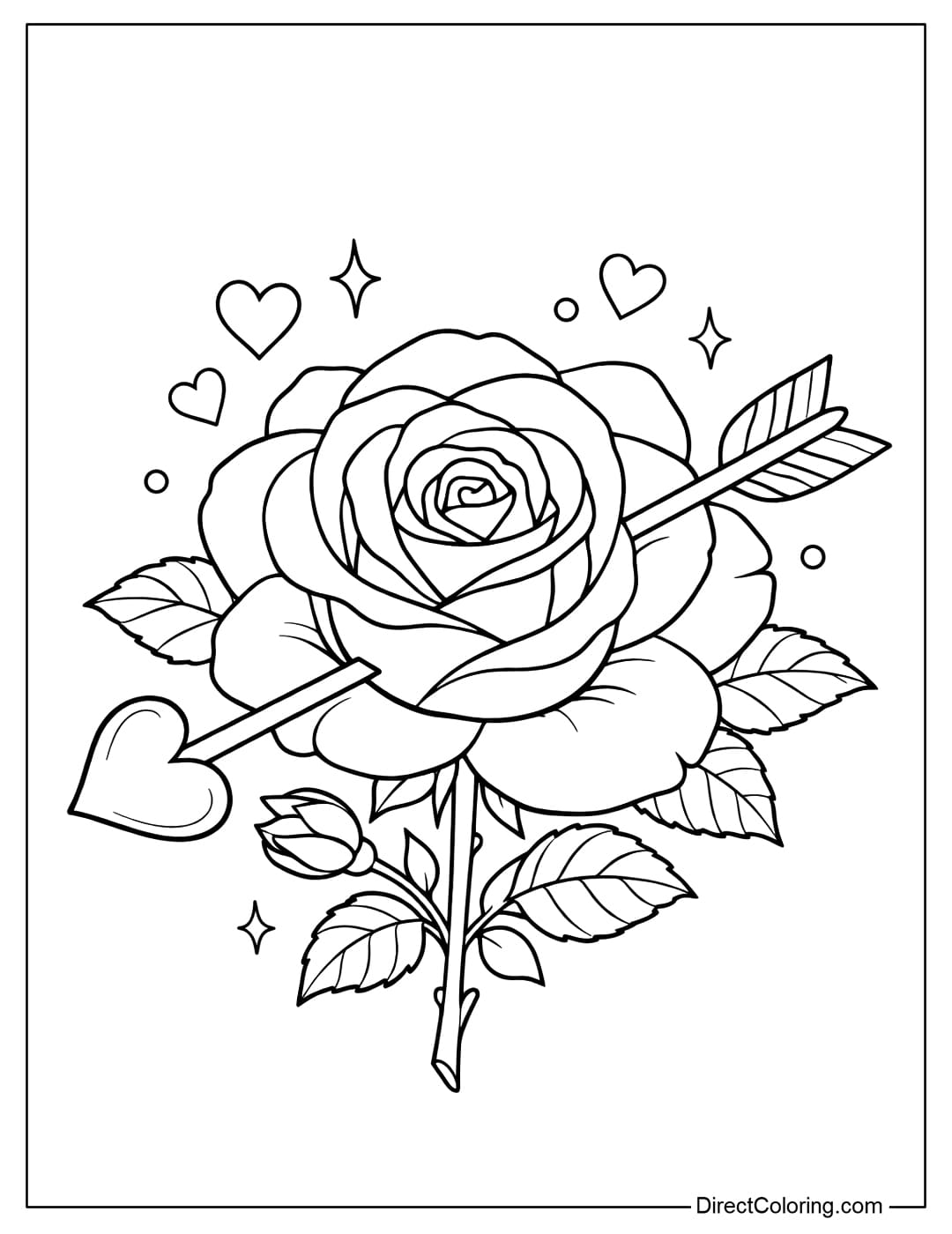 A coloring page with a large rose lightly pierced by Cupid's arrow, the arrowhead a rounded heart shape.