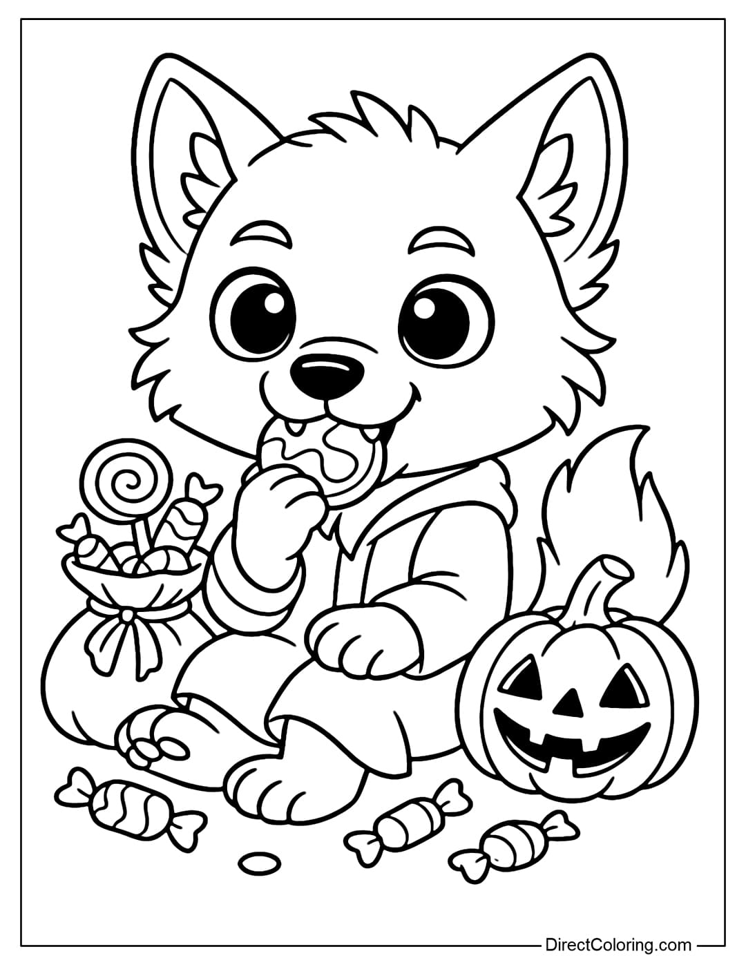 Little werewolf coloring page sitting eating Halloween candy, surrounded by candy bags, smiling pumpkins.