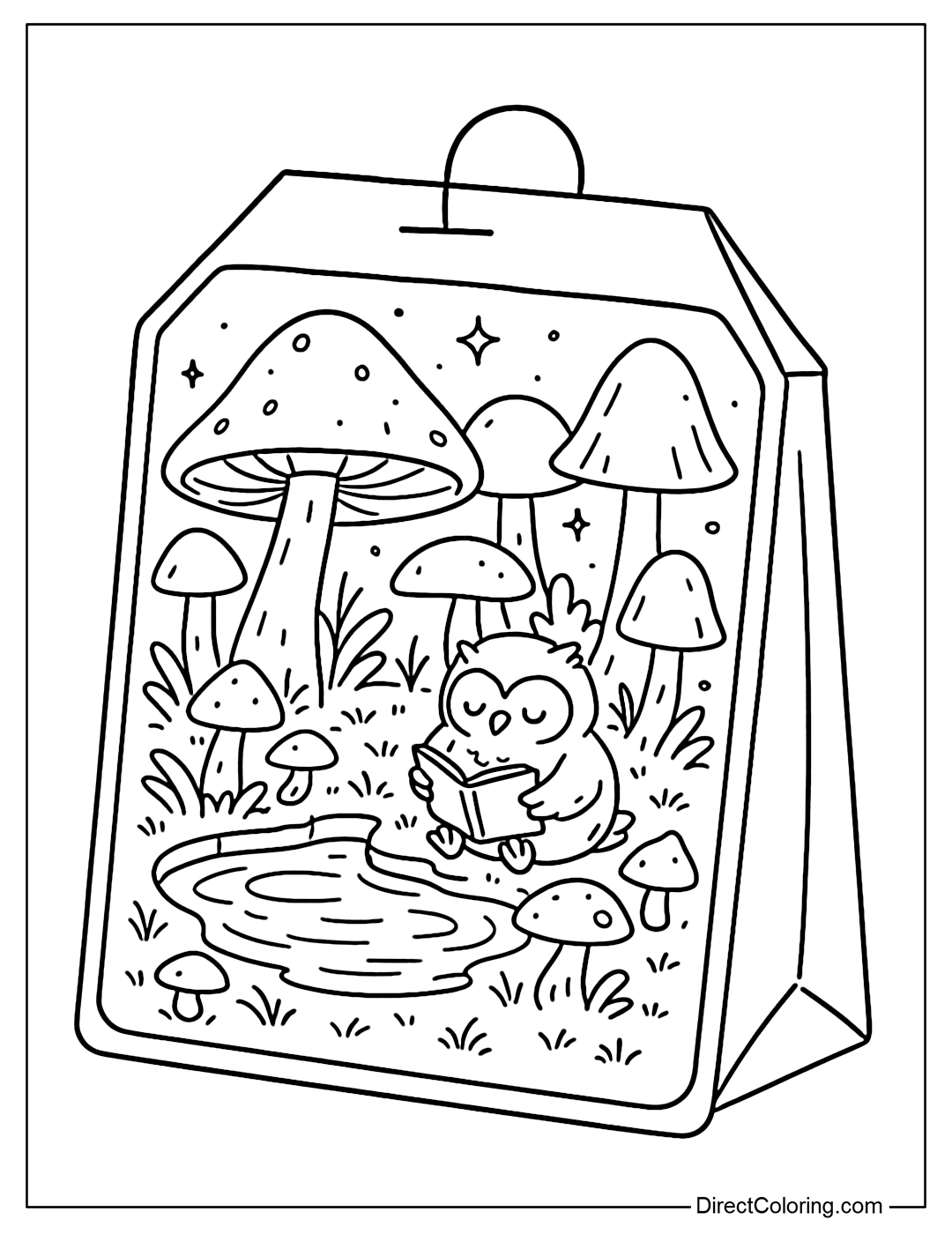 A tea bag coloring page featuring a glowing mushroom forest, a small pond and an owl reading a book.