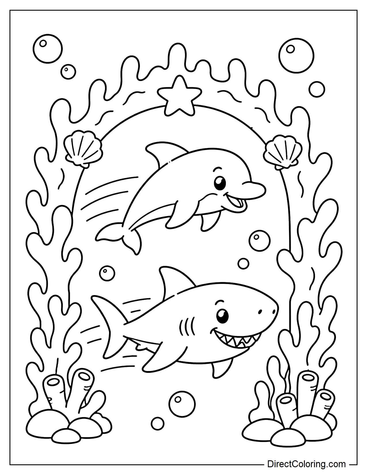 Sharks and dolphins are speeding through a coral arch, surrounded by moving lines and large bubbles.