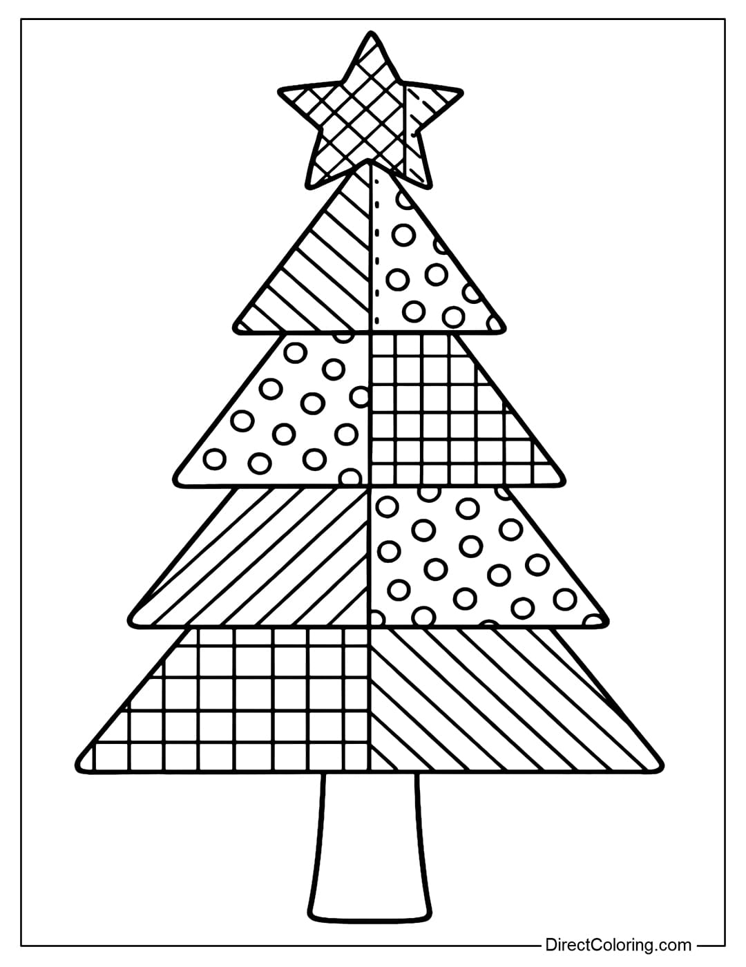 Patchwork Coloring Page A large Christmas tree is made from patchwork pieces with stripes, polka dots, and checks.