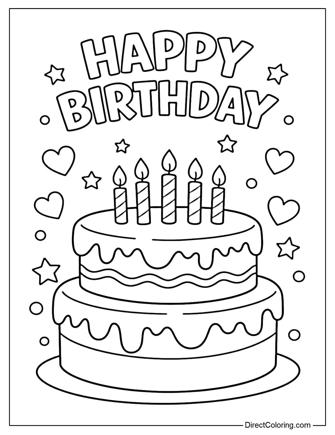 A coloring page for a birthday cake with hearts and stars around it. The words 