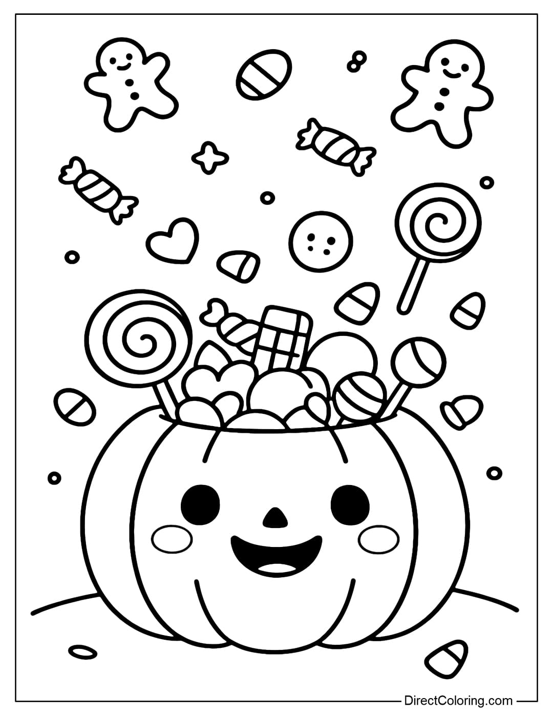 A coloring page of a pumpkin filled with candy, cookies, and lollipops flying around, creating a fun festive atmosphere.