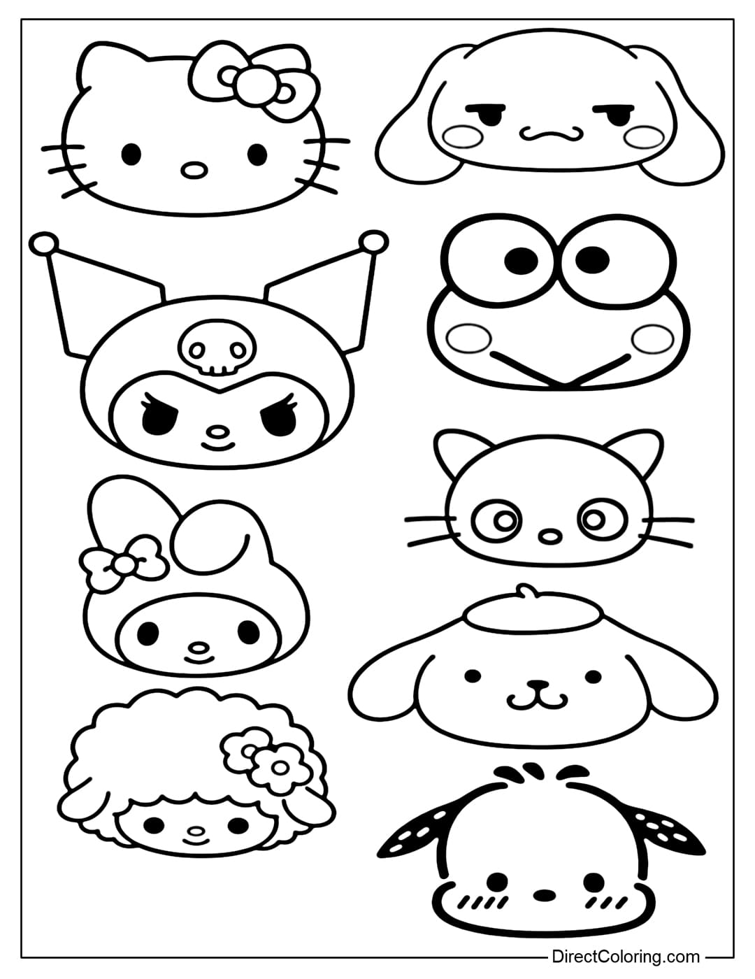Coloring pages of expressive Sanrio characters' faces in various states: cute, mischievous, bewildered, or adorable.