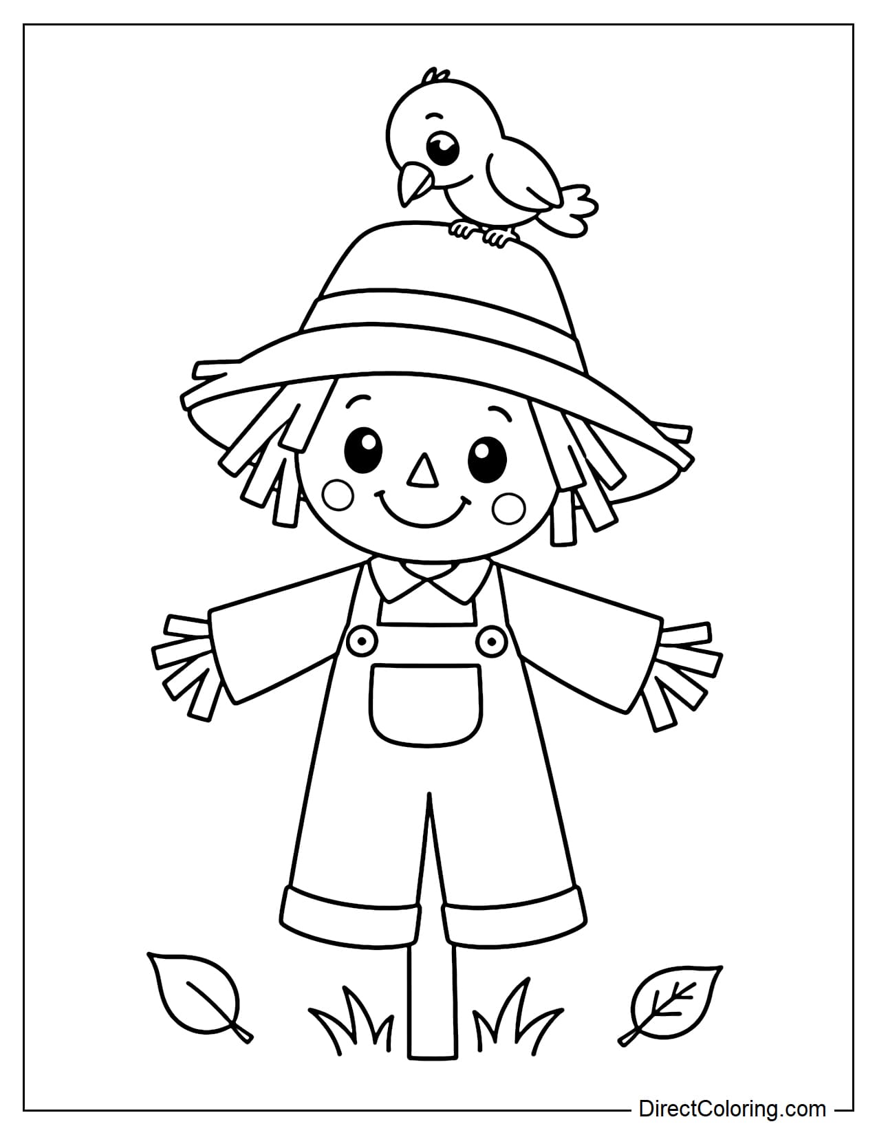 A cheerful scarecrow stands with its arms slightly stretched out while a small crow perches on its large straw hat and looks down at it.