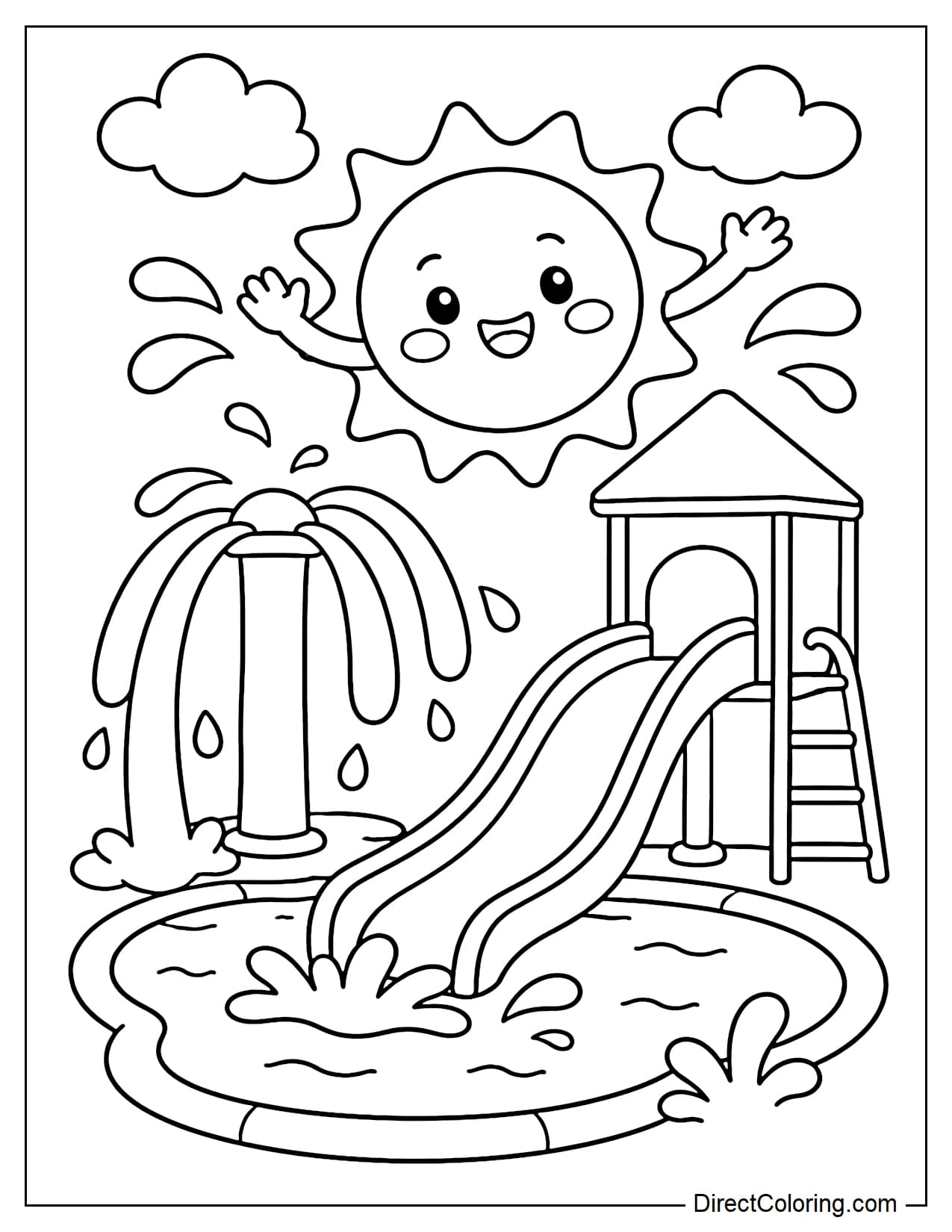 A cheerful sun is playing in the water park with some big splashes of water and a simple slide; the layout is clear and easy to color.