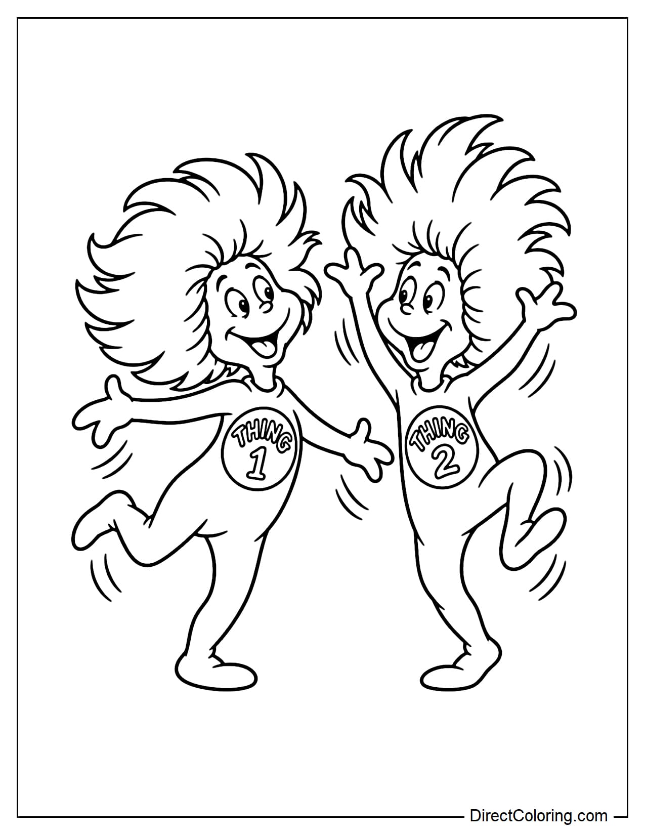 Thing 1 and Thing 2 stand together in silly poses, with Thing 1 leaning to one side, lifting one leg and spreading both arms, while Thing 2 balances on one foot with both hands raised excitedly.