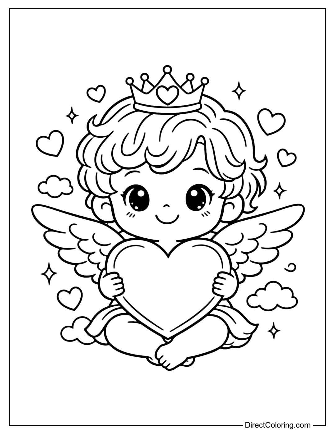 A Cupid is wearing a small heart-shaped crown and holding a large heart in his hand.